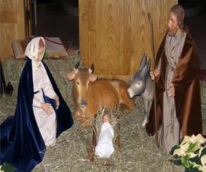 yapboz Kutsal Aile - Joseph, Meryem ve öküz ve katır ile yemlik bebek İsa